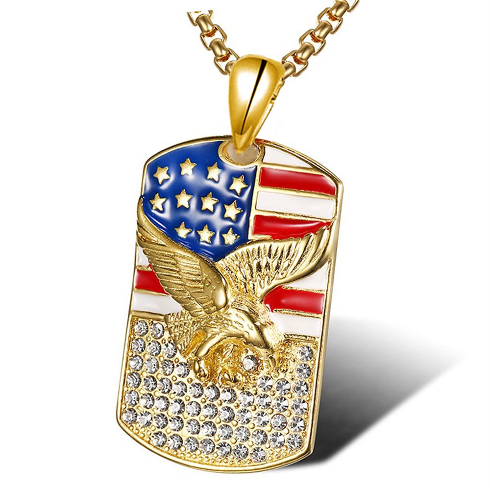 Gold American Flag Eagle Dog Tag Necklace