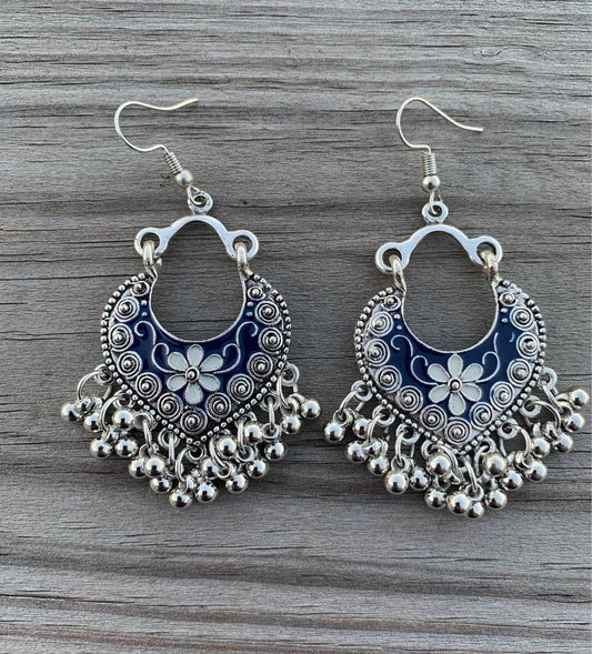 Boho Blue and Silver Dangle Earrings