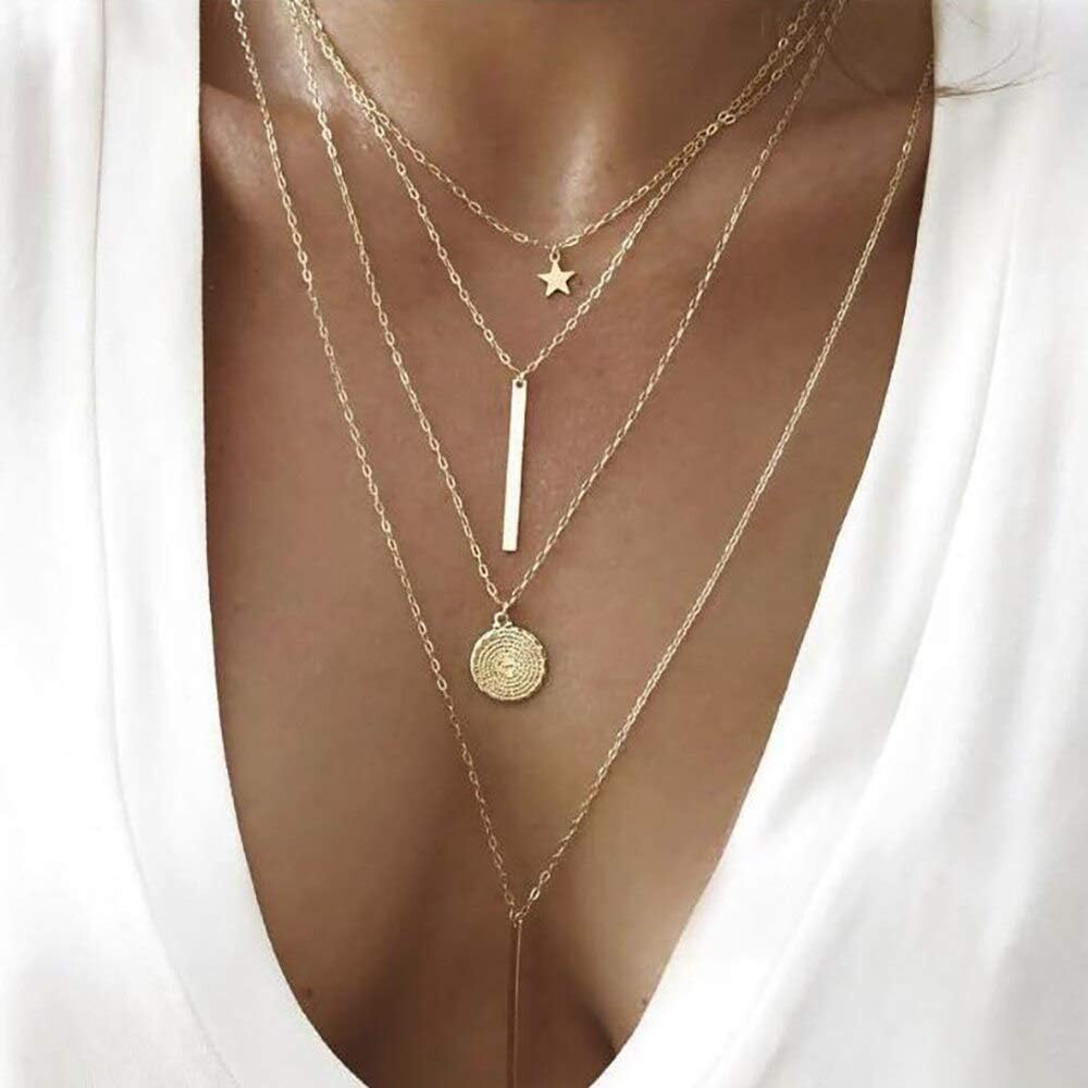 Boho Women's Multi-Layer Long Chain Pendant Choker Necklace – Gold Moon Charm