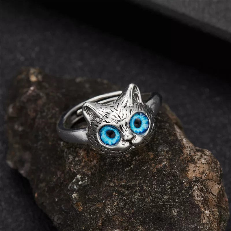 Cute Cat Blue Eye Silver Ring
