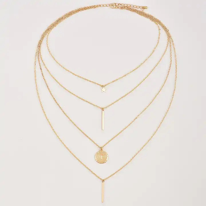 Multi (Four) Layer Long Chain Pendant Choker Necklace Jewelry - Boho Women Gold