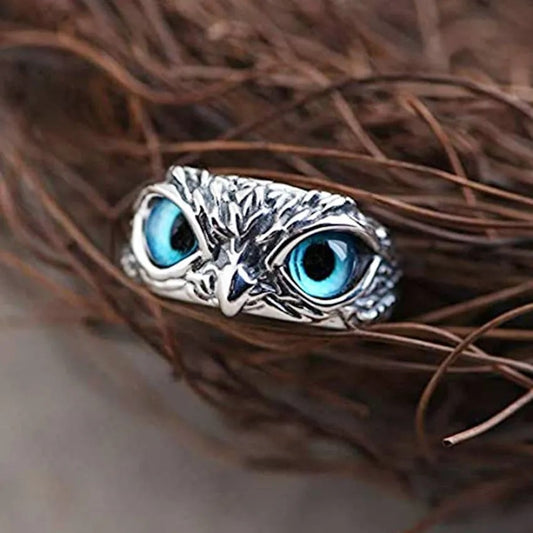 Cute Owl Blue Eye Silver Ring