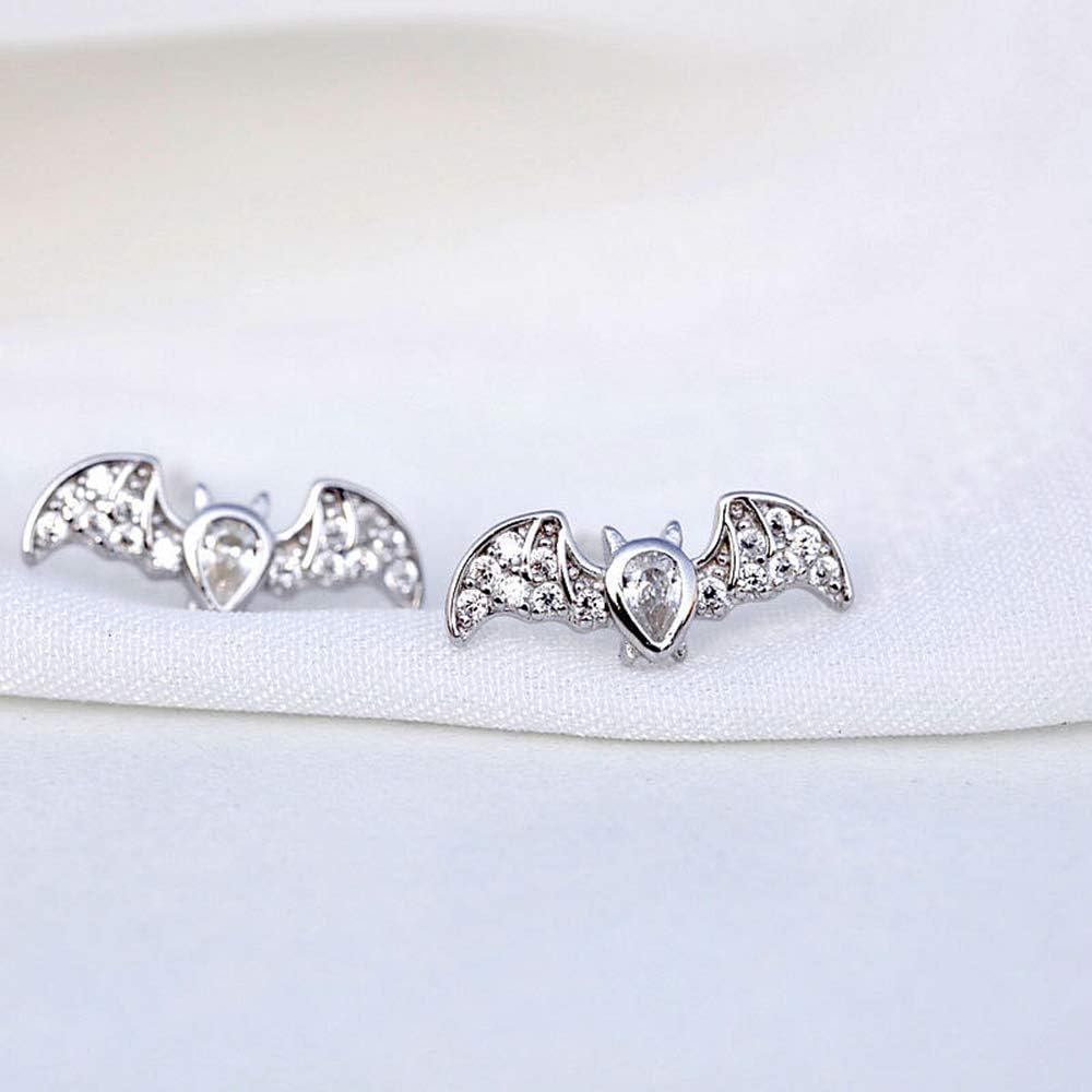 Silver Bat Crystal Stud Earrings