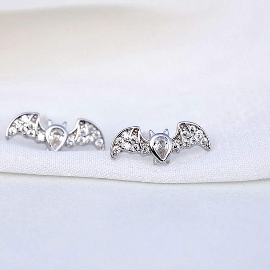 Silver Bat Crystal Stud Earrings