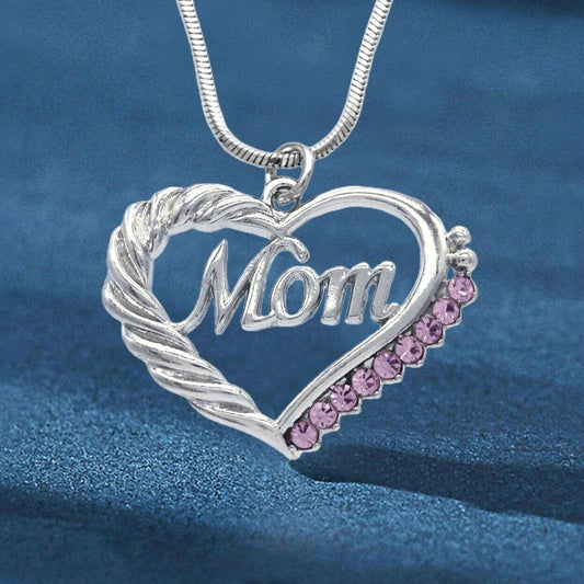 Silver Mom with Heart and Pink Crystal Necklace