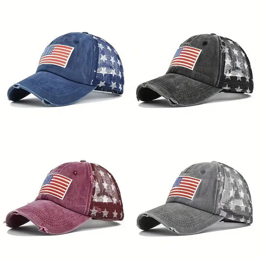 Black American Flag Star Trucker Cap-Washed Distressed USA Embroidery-Adjustable