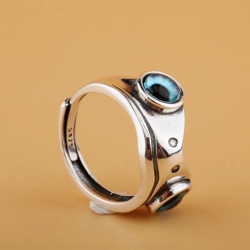 Cute Frog Blue Eye Silver Ring
