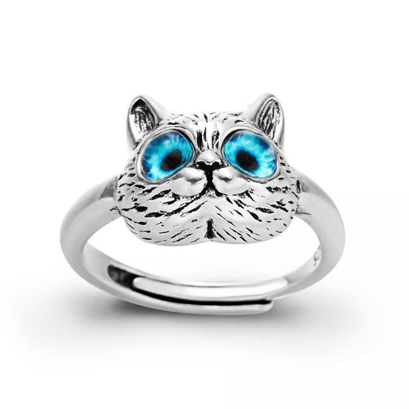 Cute Cat Blue Eye Silver Ring