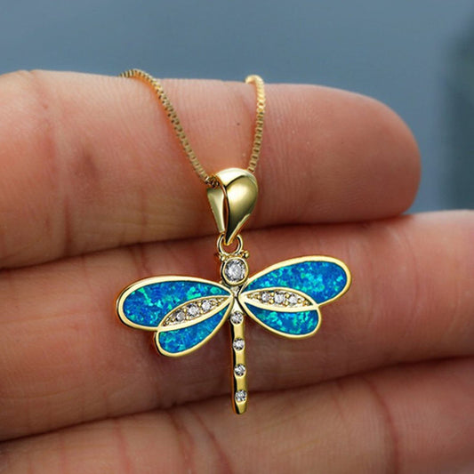 Opal Dragonfly Gold Pendant Necklace