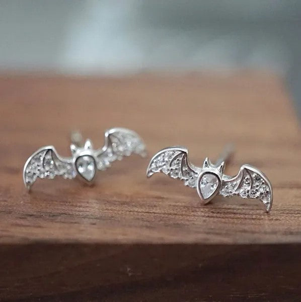 Silver Bat Crystal Stud Earrings