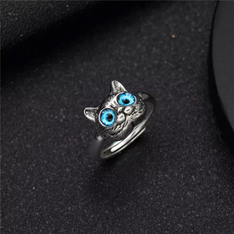 Cute Cat Blue Eye Silver Ring