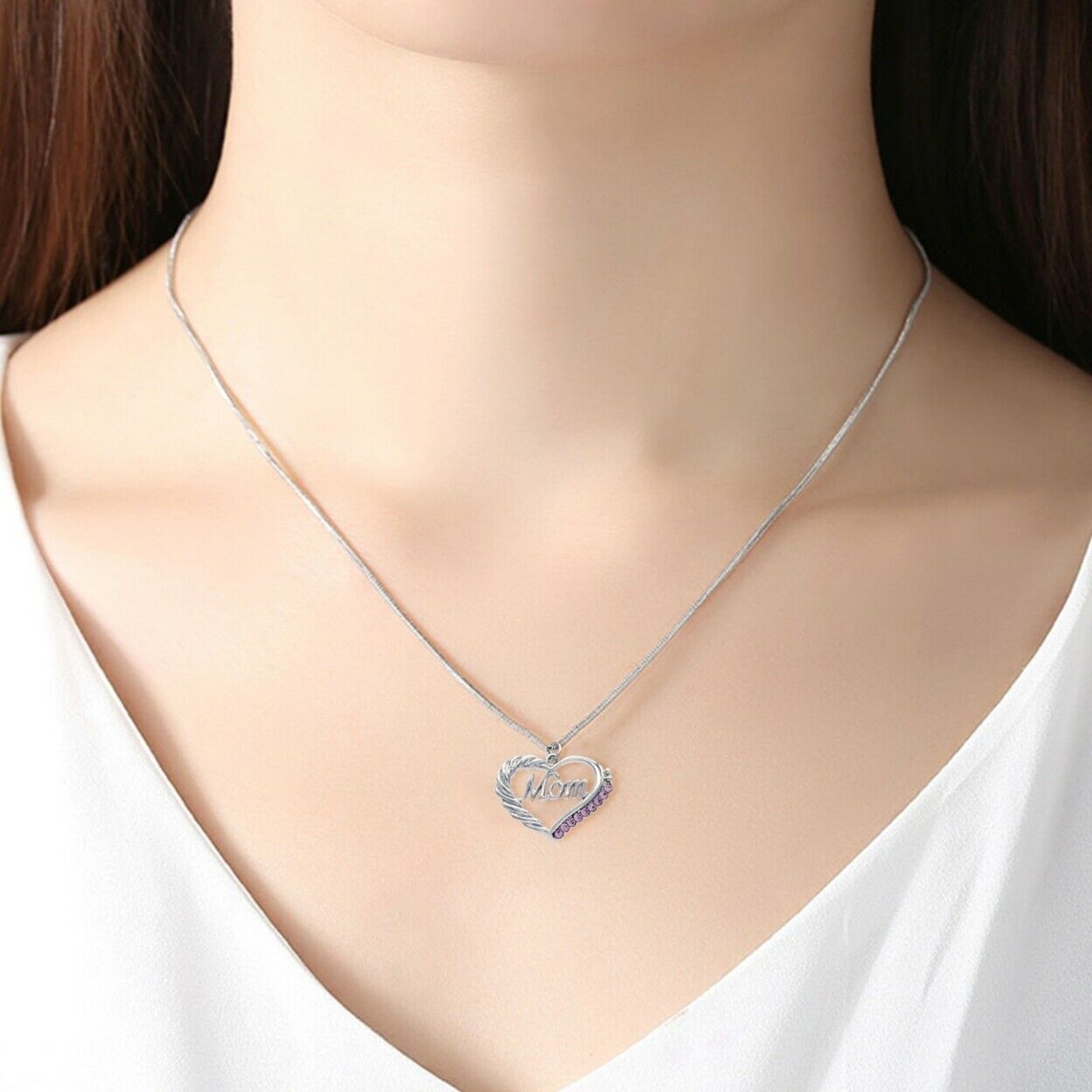 Silver Mom with Heart and Pink Crystal Necklace