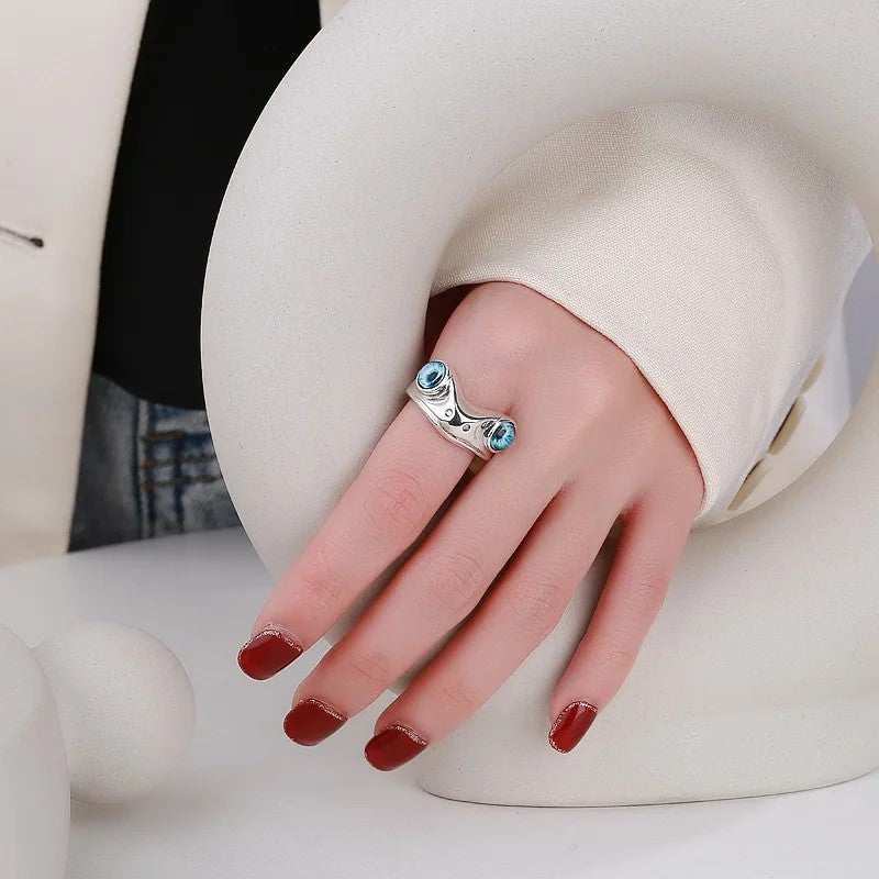 Cute Frog Blue Eye Silver Ring