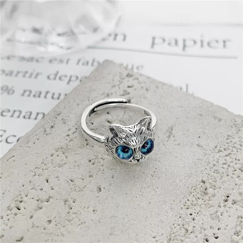 Cute Cat Blue Eye Silver Ring