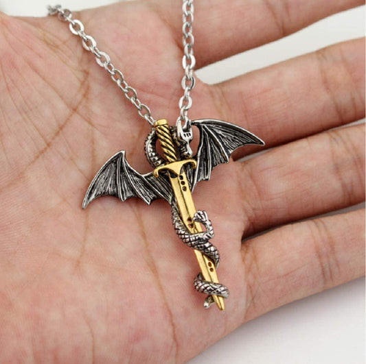 Silver & Gold Dragon & Sword Necklace Stainless Steel Goth, GOT Game of Thrones