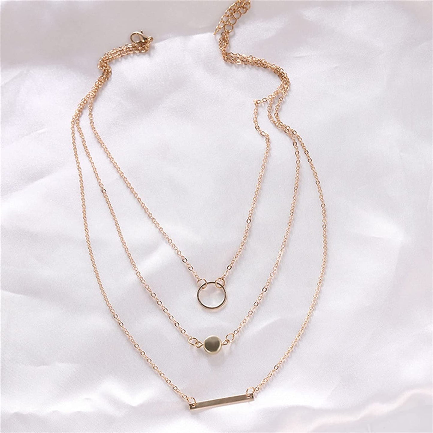 3 Piece Strand Layered Medallion, Long Bar, Hoop Geometric Necklace