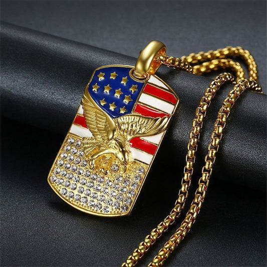 Gold American Flag Eagle Dog Tag Necklace