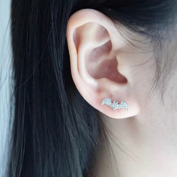 Silver Bat Crystal Stud Earrings
