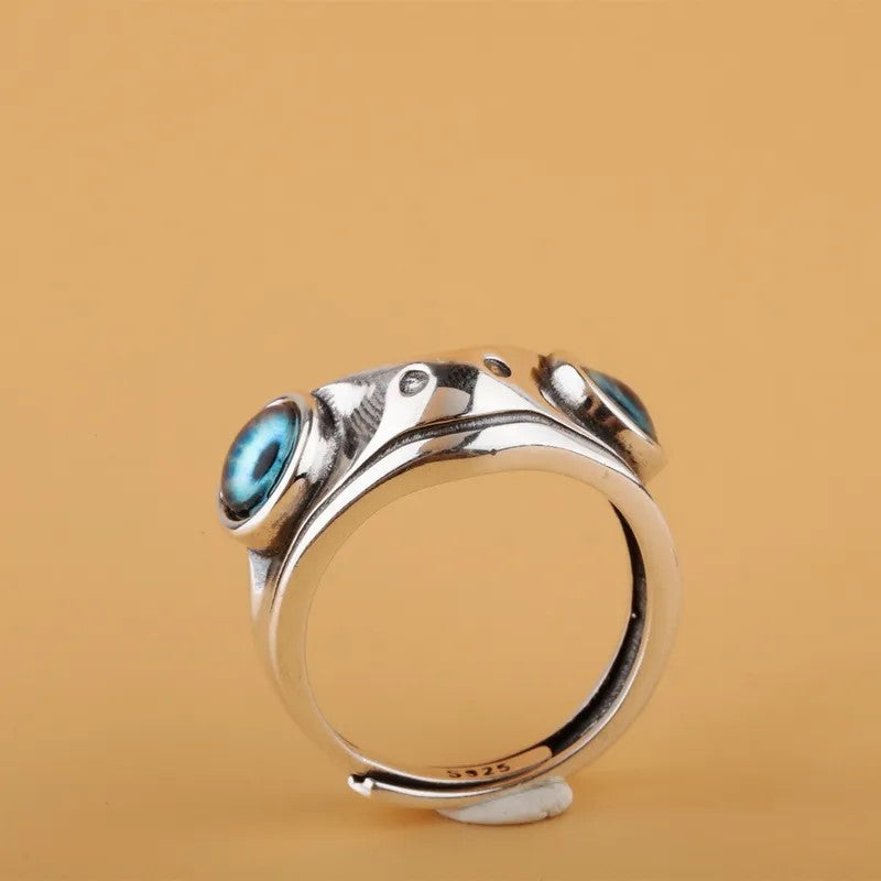 Cute Frog Blue Eye Silver Ring