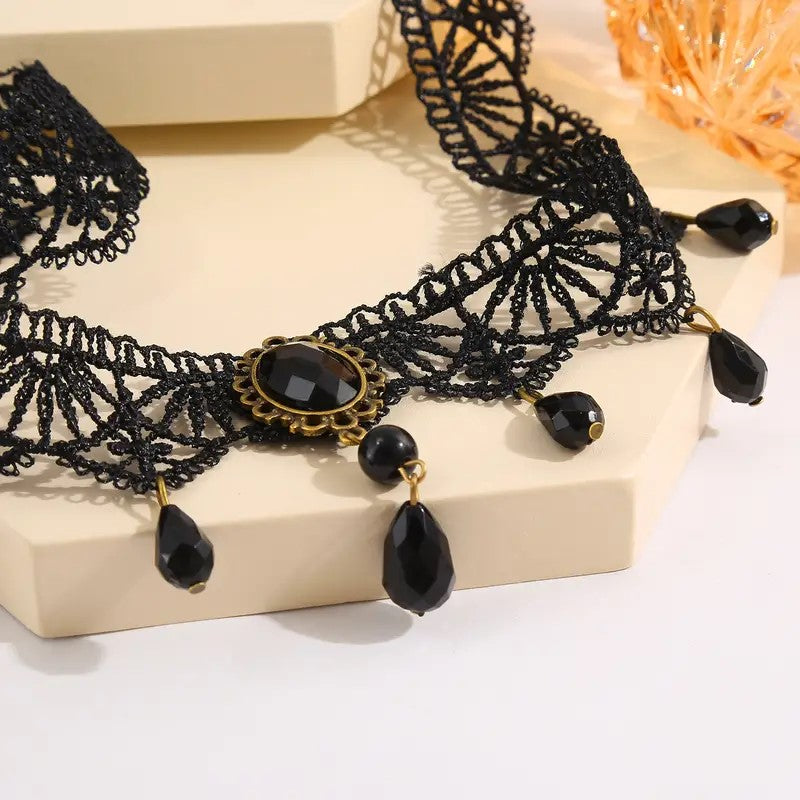 Black Lace Jewel Choker Necklace