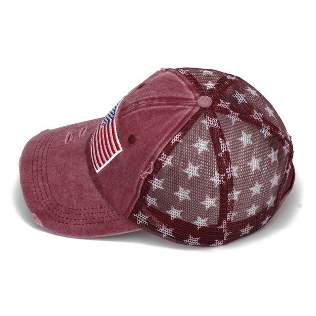 Black American Flag Star Trucker Cap-Washed Distressed USA Embroidery-Adjustable