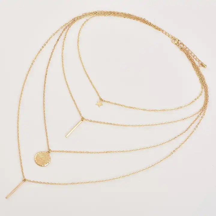 Multi (Four) Layer Long Chain Pendant Choker Necklace Jewelry - Boho Women Gold