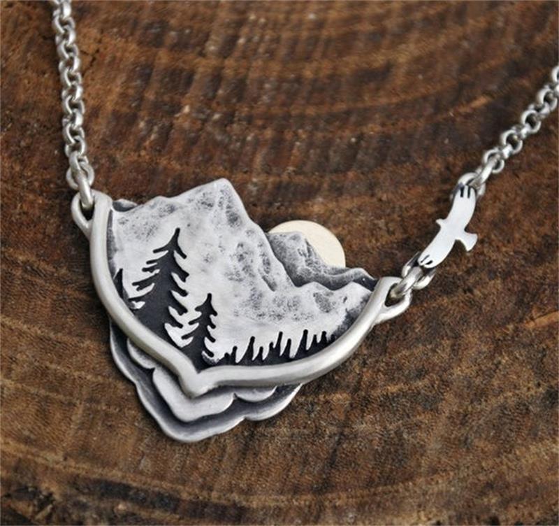 Mountain Range w/ Sun & Trees Necklace