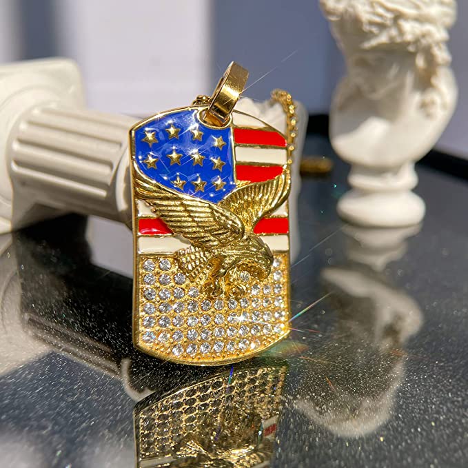 Gold American Flag Eagle Dog Tag Necklace