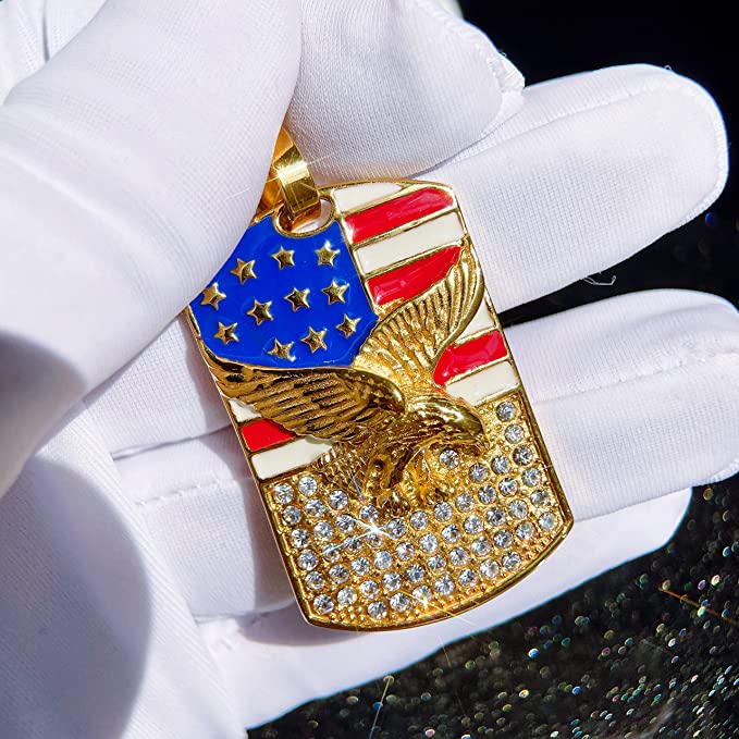 Gold American Flag Eagle Dog Tag Necklace