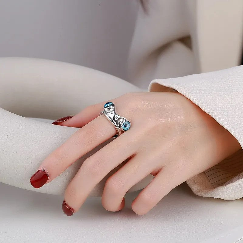 Cute Frog Blue Eye Silver Ring
