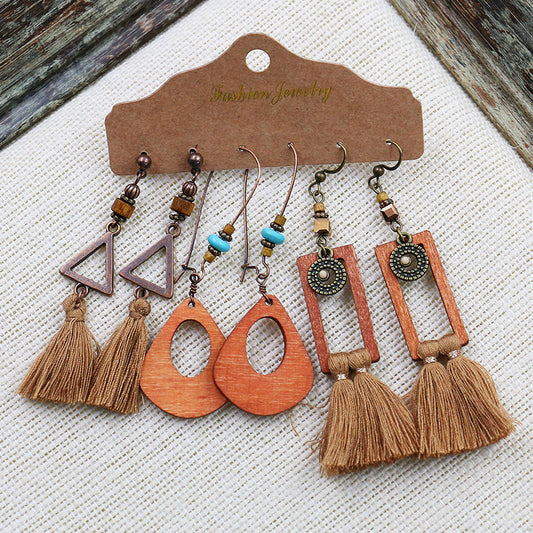Orange Wooden Boho Earring Set