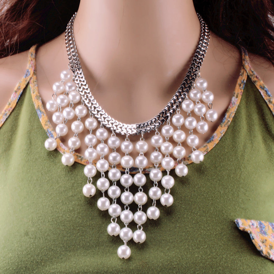Large White Pearl String, Gold Chain Necklace