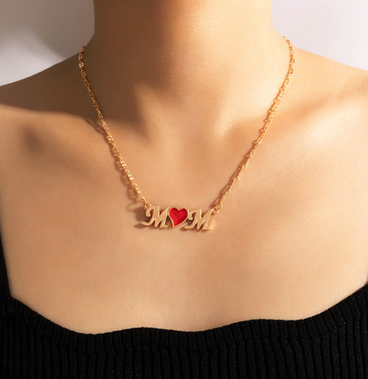 Mom with Red Heart Gold Neckalce
