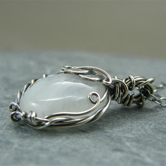 White Rainbow Moonstone Gemstone Silver Vintage Style Necklace-  Pendant