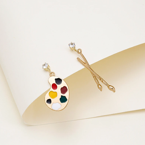 Asymmetrical Art Palette & Brush Gold Earrings