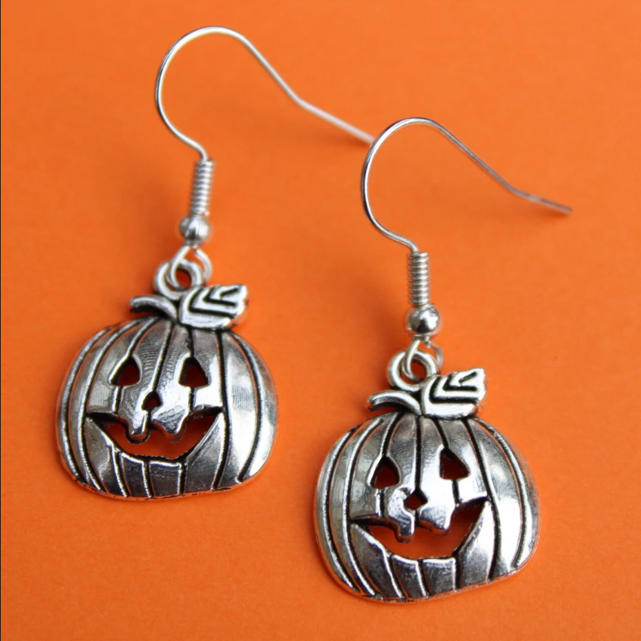 Silver Jack-o-Lantern Pumpkin Halloween Jewelry Set