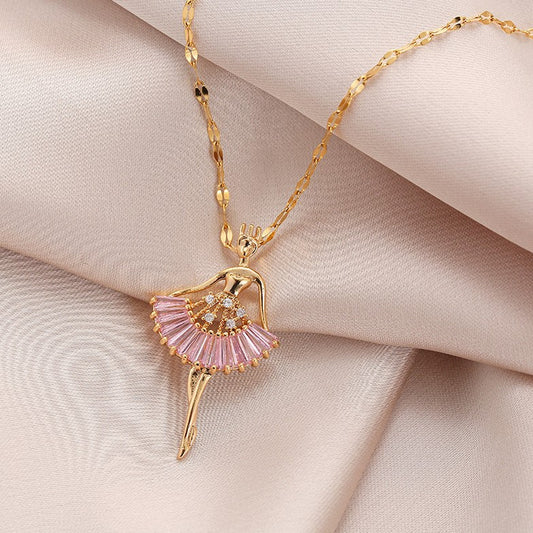 Ballerina Dancer Pendant Necklace  Pink  & Gold Dance Recital Gift  - Ballet