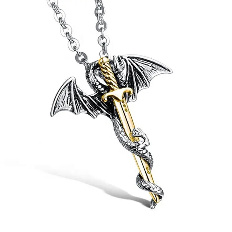 Silver & Gold Dragon & Sword Necklace Stainless Steel Goth, GOT Game of Thrones