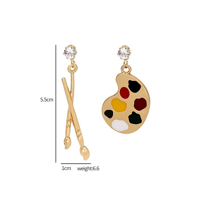 Asymmetrical Art Palette & Brush Gold Earrings