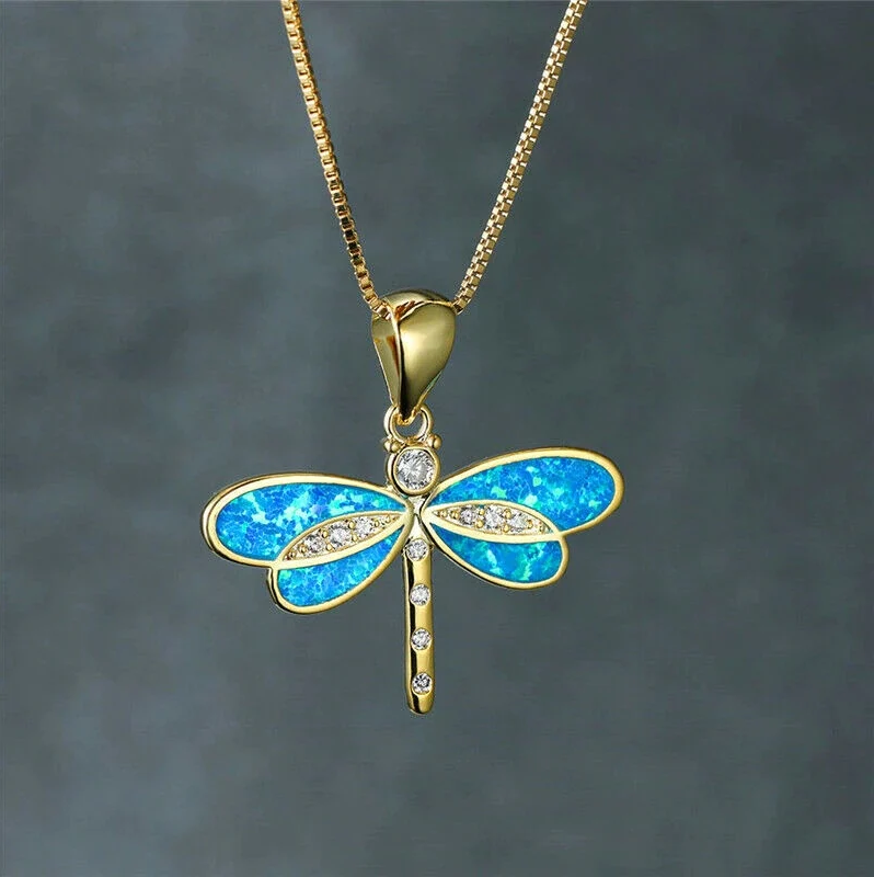 Opal Dragonfly Gold Pendant Necklace