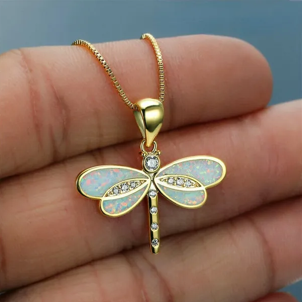 Opal Dragonfly Gold Pendant Necklace