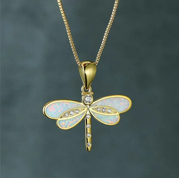 Opal Dragonfly Gold Pendant Necklace