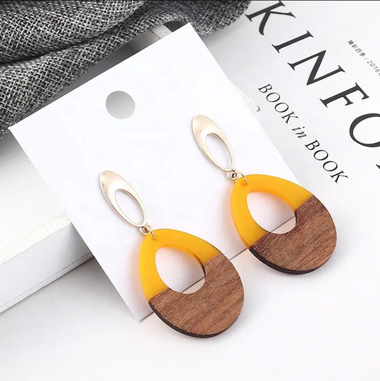 Wooden Geometric Teardrop Acrylic Earrings