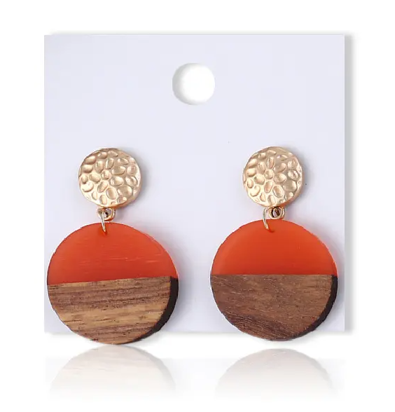 Wooden Geometric Round Resin Earrings
