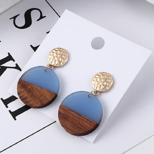 Wooden Geometric Round Resin Earrings
