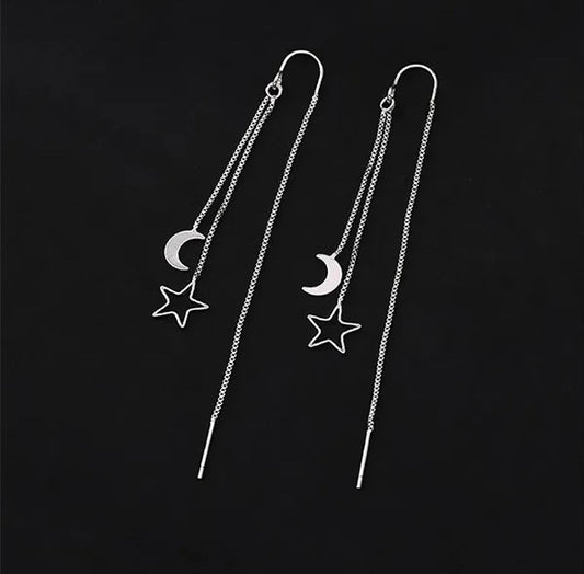 Silver Moon Star Long Tassel Earrings