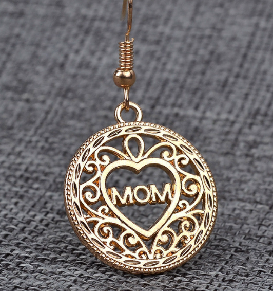 Gold Mom Heart within Circle Earrings