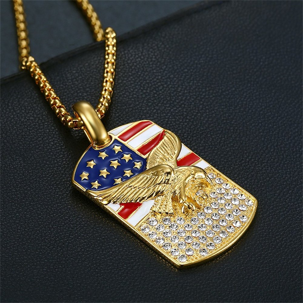 Gold American Flag Eagle Dog Tag Necklace