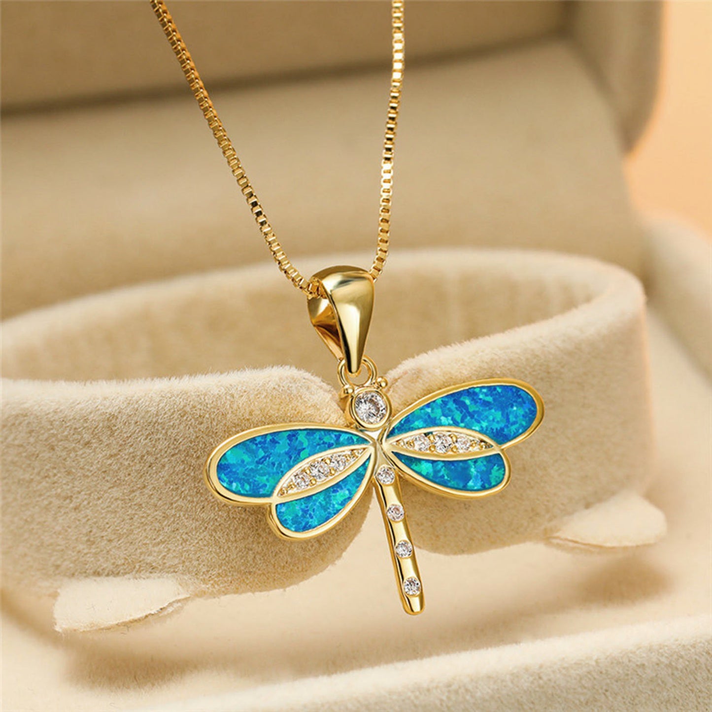 Opal Dragonfly Gold Pendant Necklace