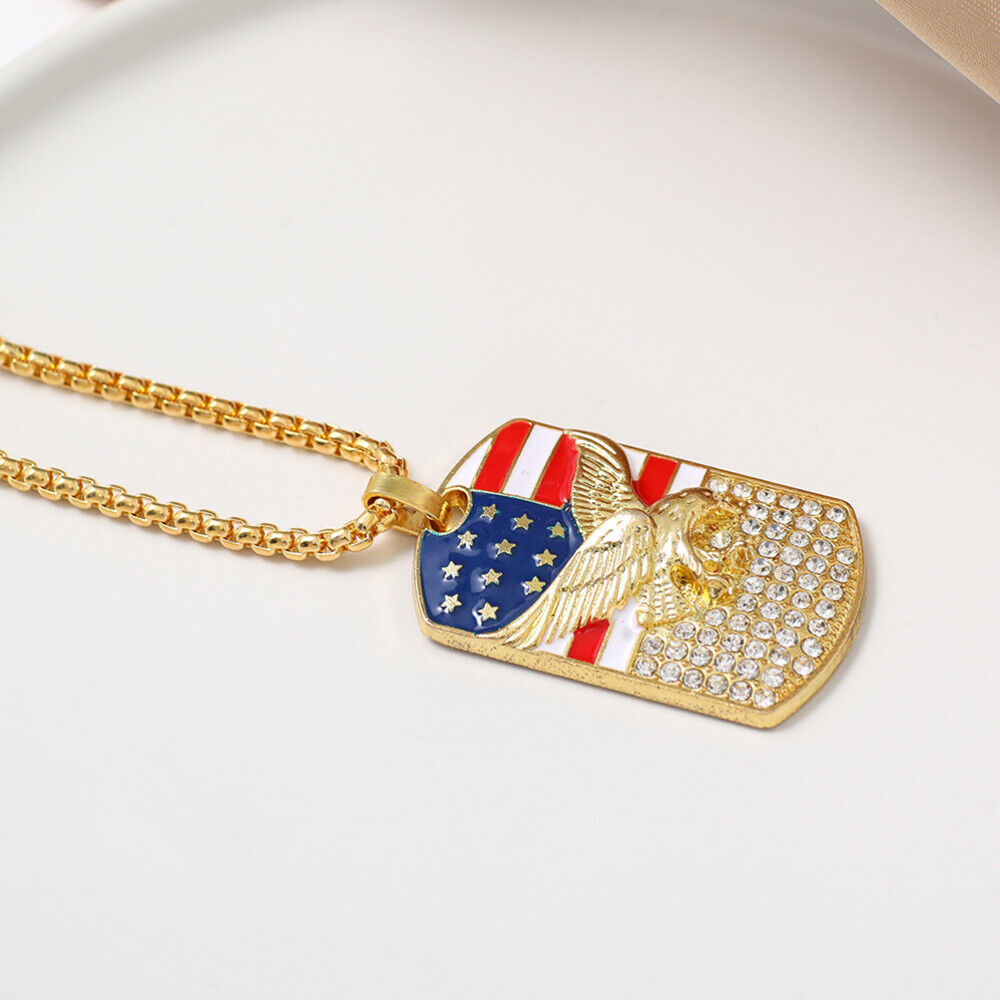 Gold American Flag Eagle Dog Tag Necklace